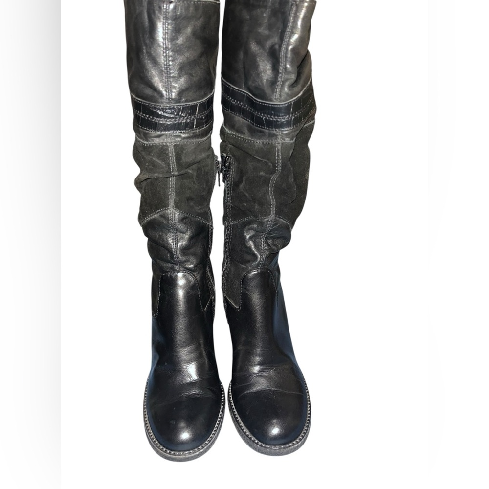 Bronx Vintage Marika Tall Black Wedge Leather Boots Size 38 (7.5-8) - Picture 3 of 7